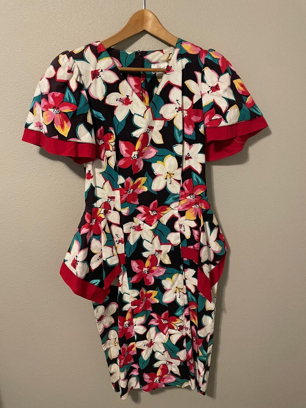 Vintage Brenner Dress Womens 9/10 Multicolor Floral Tropical Peplum Pencil 80s